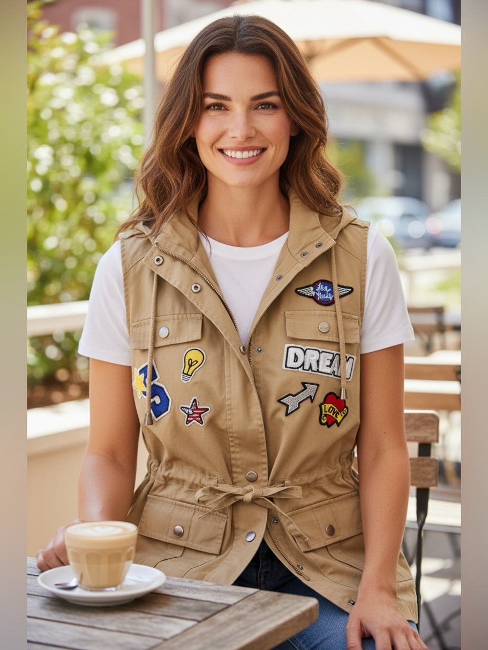 NWT Women's Romeo & Juliet Couture Hooded Patchwork Cargo Vest Sz M Medium